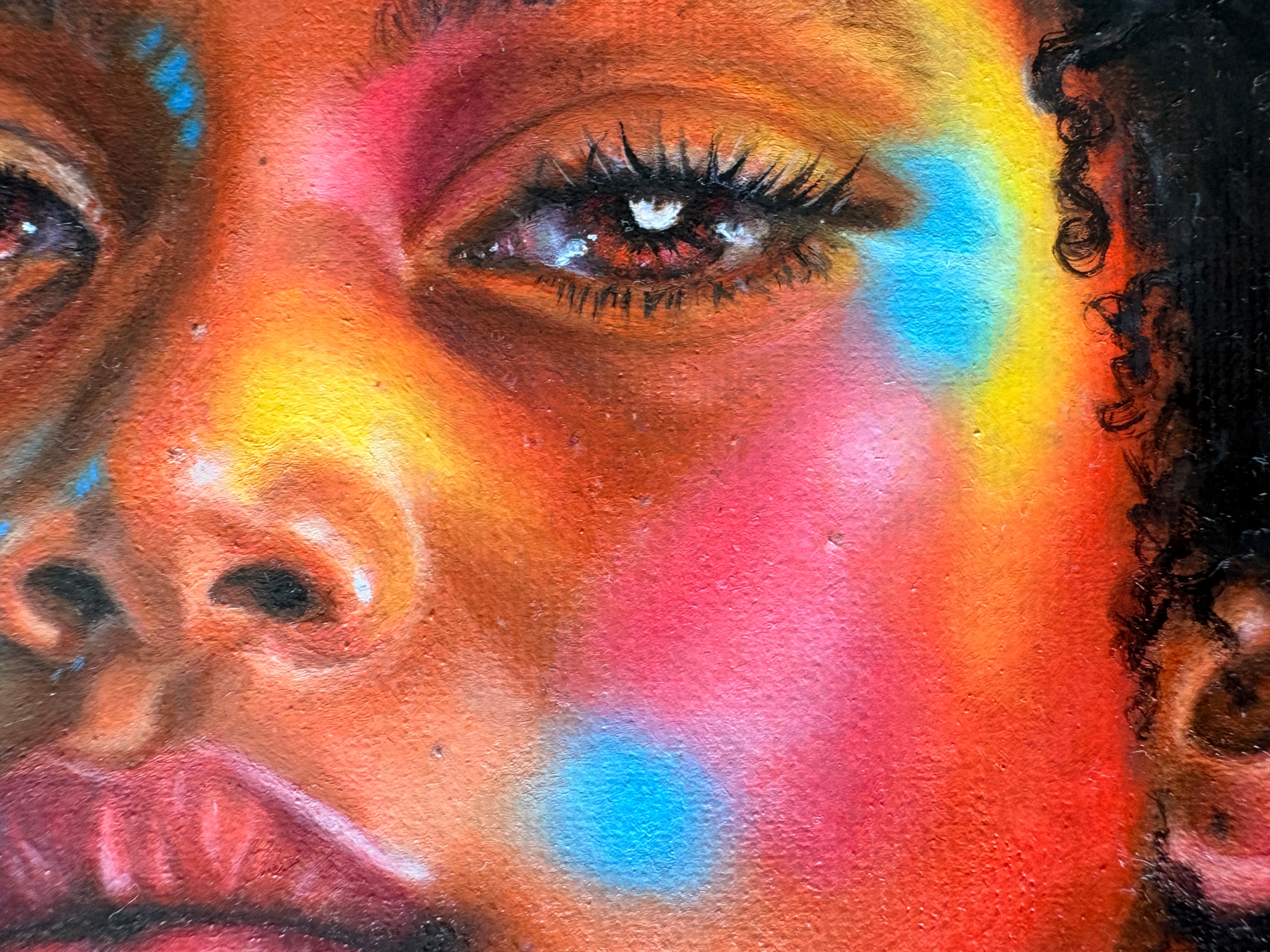 Detail from Light Finds Me showing the painted eye and reflected light