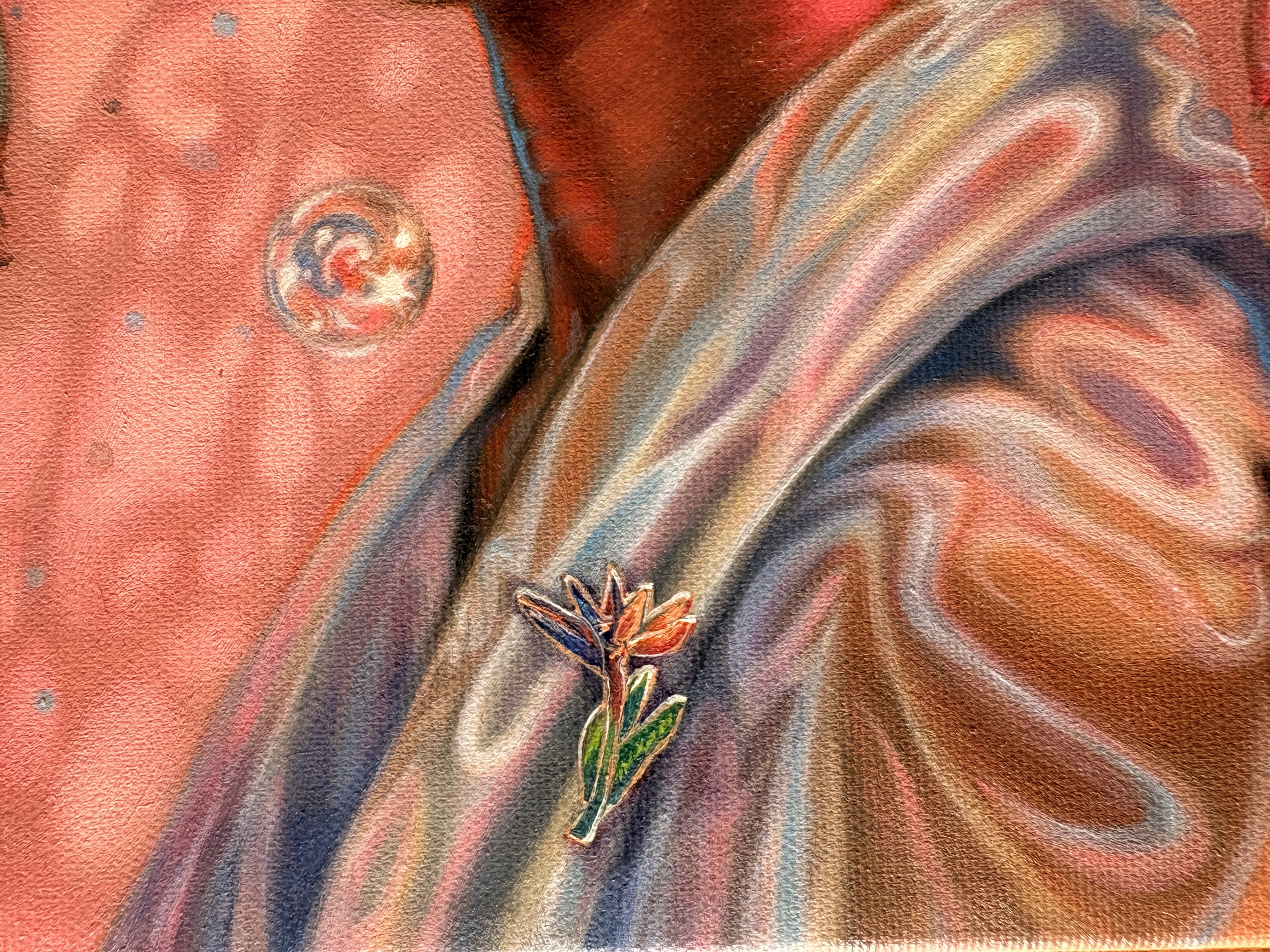Detail from Light Finds Me showing the painted fabric and flower motif