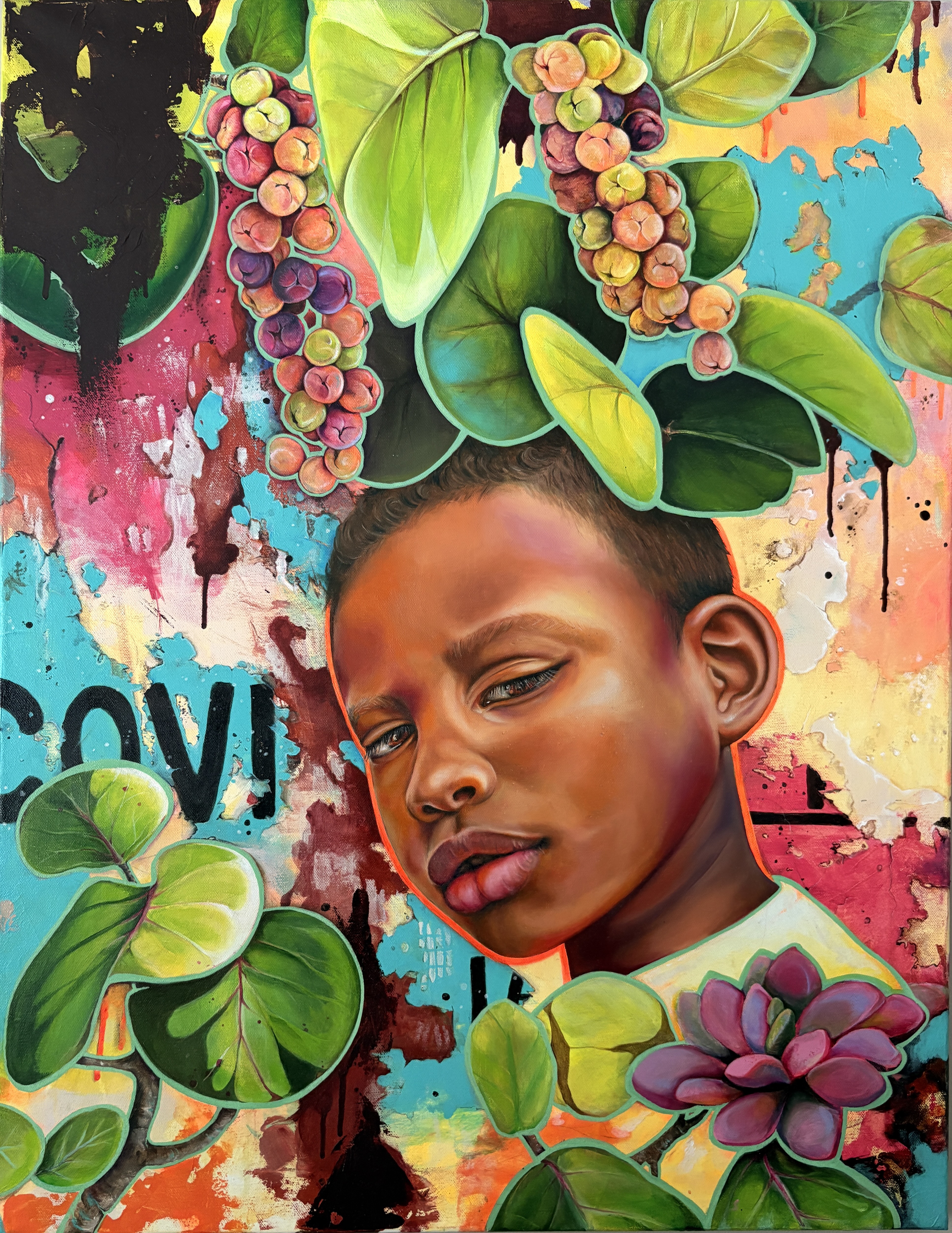 Rooted by Adriana Pérez Orozco, a composed young figure surrounded by vivid leaves, fruit and flowers