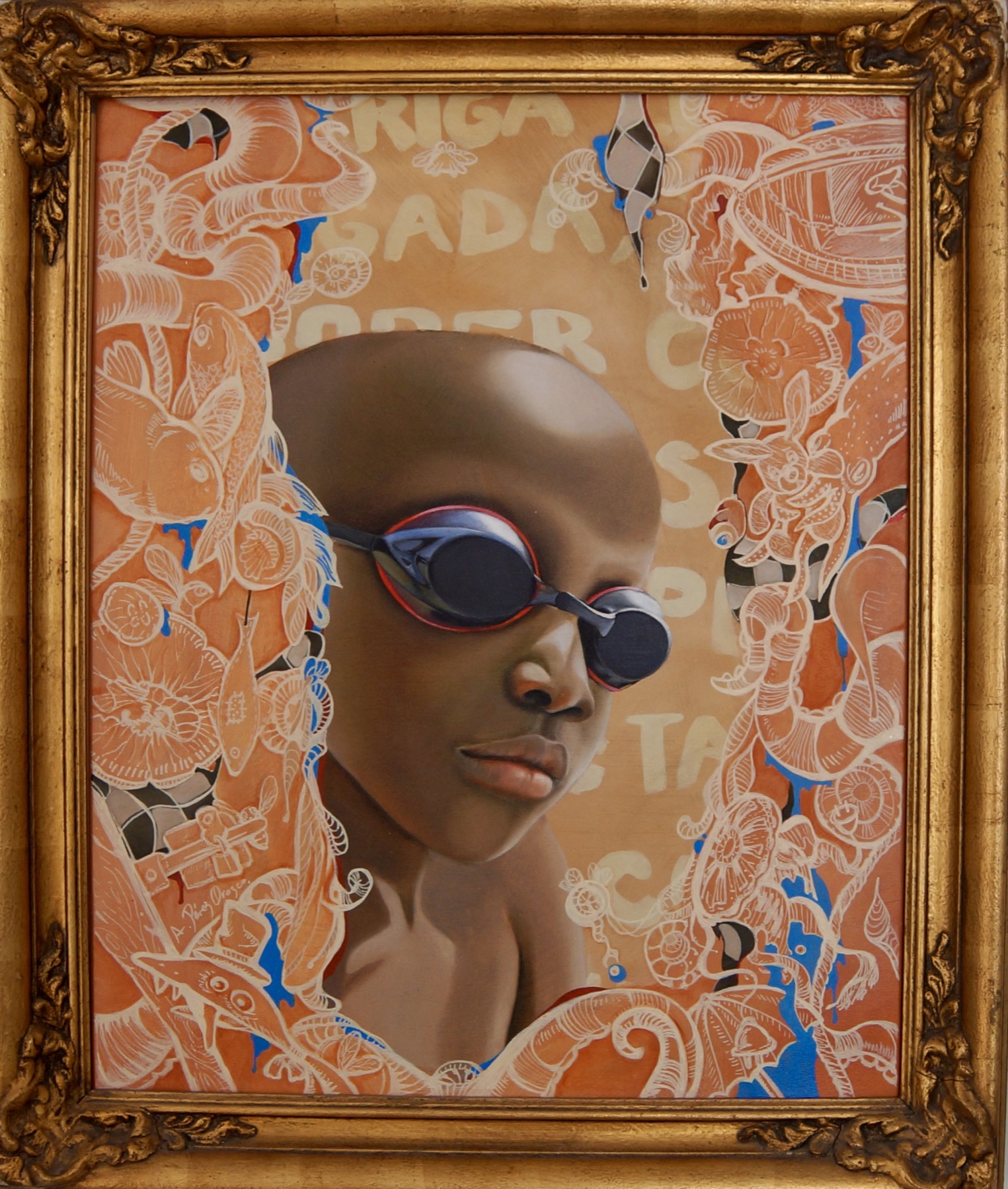 The Swimmer Between Tides by Adriana Pérez Orozco, a young swimmer wearing goggles within an intricate orange composition