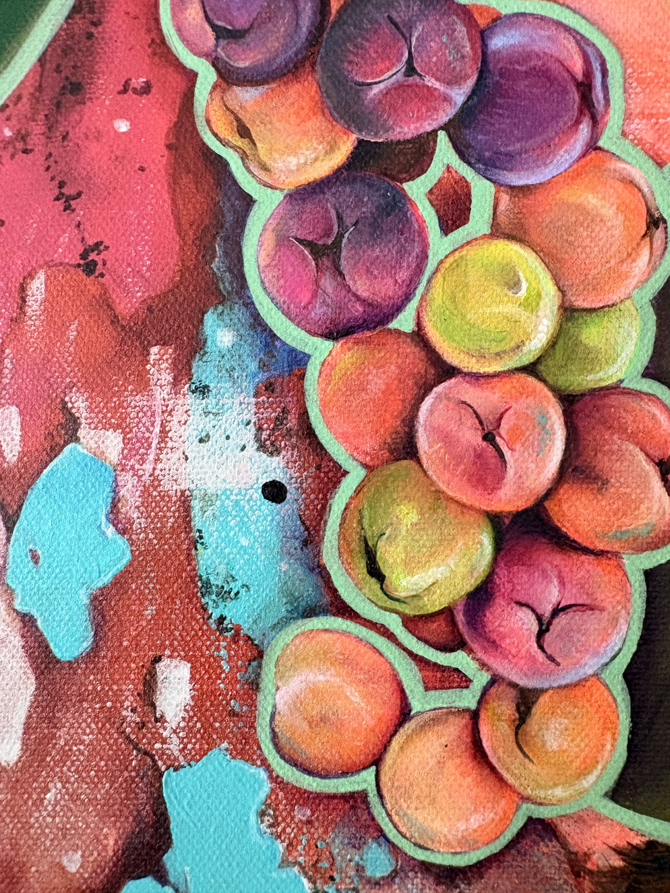 Detail from Rooted showing fruit, color and layered marks