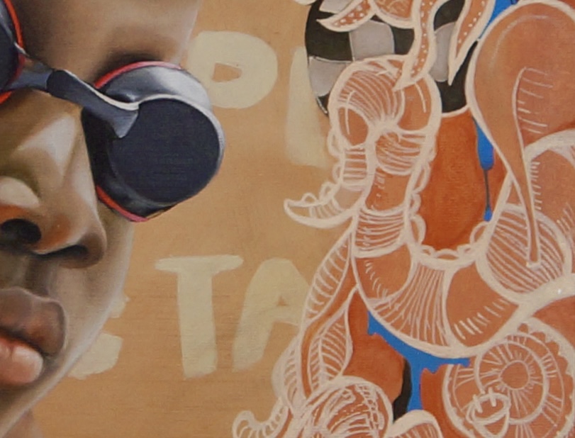 Detail from The Swimmer Between Tides showing the goggles and portrait
